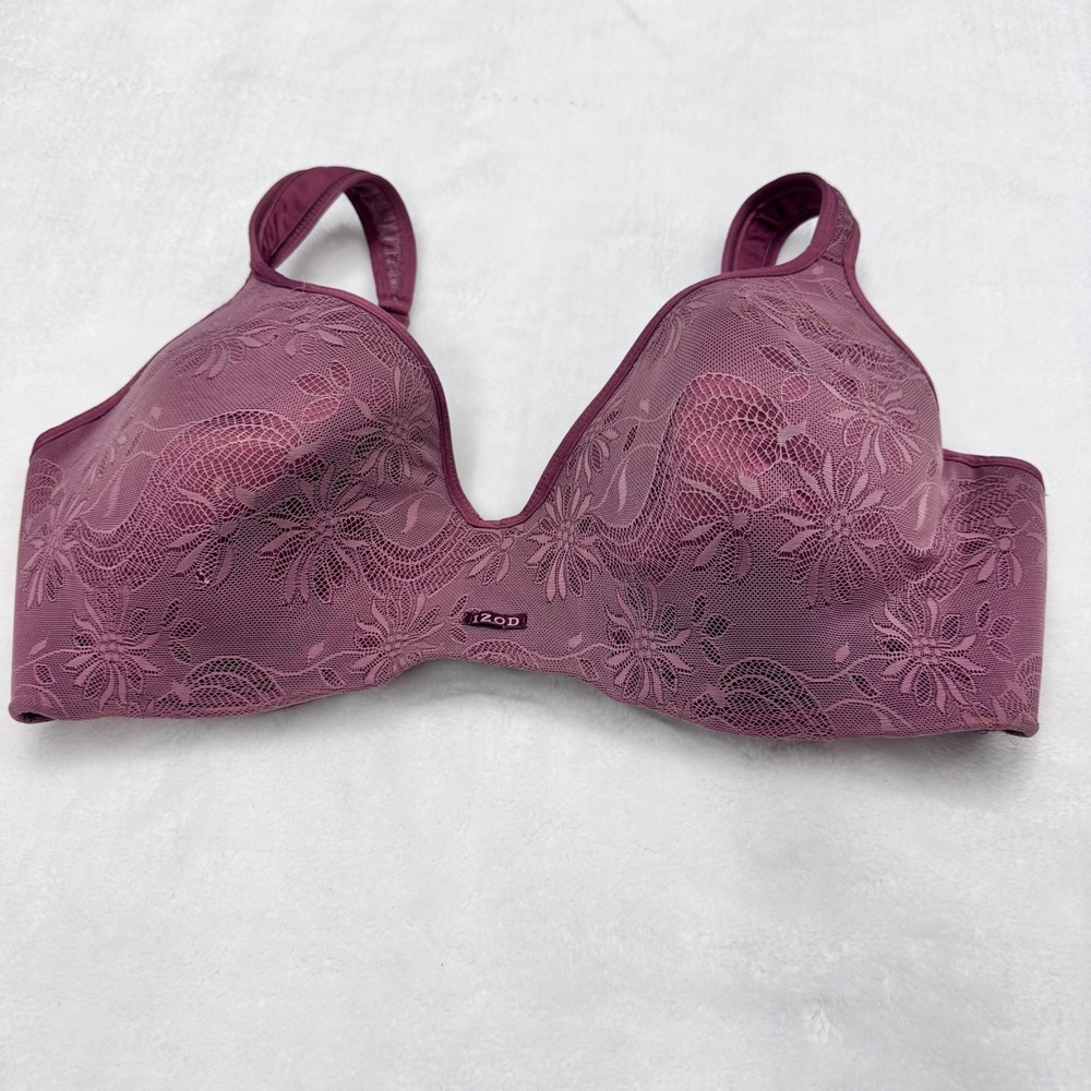 IZOD Lace Overlay Bra Women 42DD Plum Purple Floral Mesh Padded Underwire